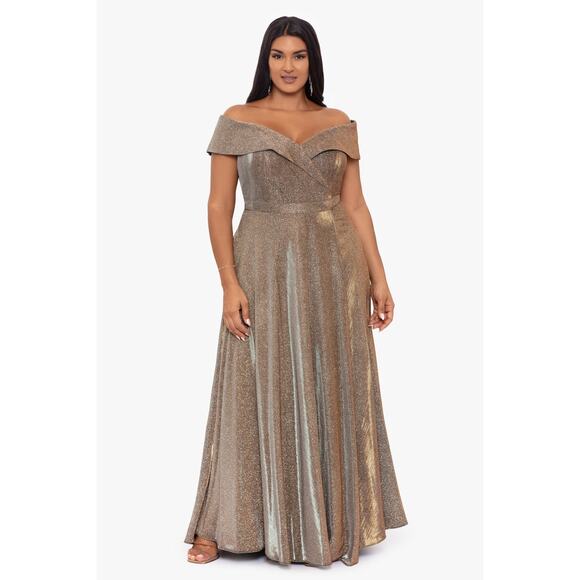 Xscape Estelle Off the Shoulder Long Glitter Dress Lined Size 14 Petite NWOT - Picture 1 of 10